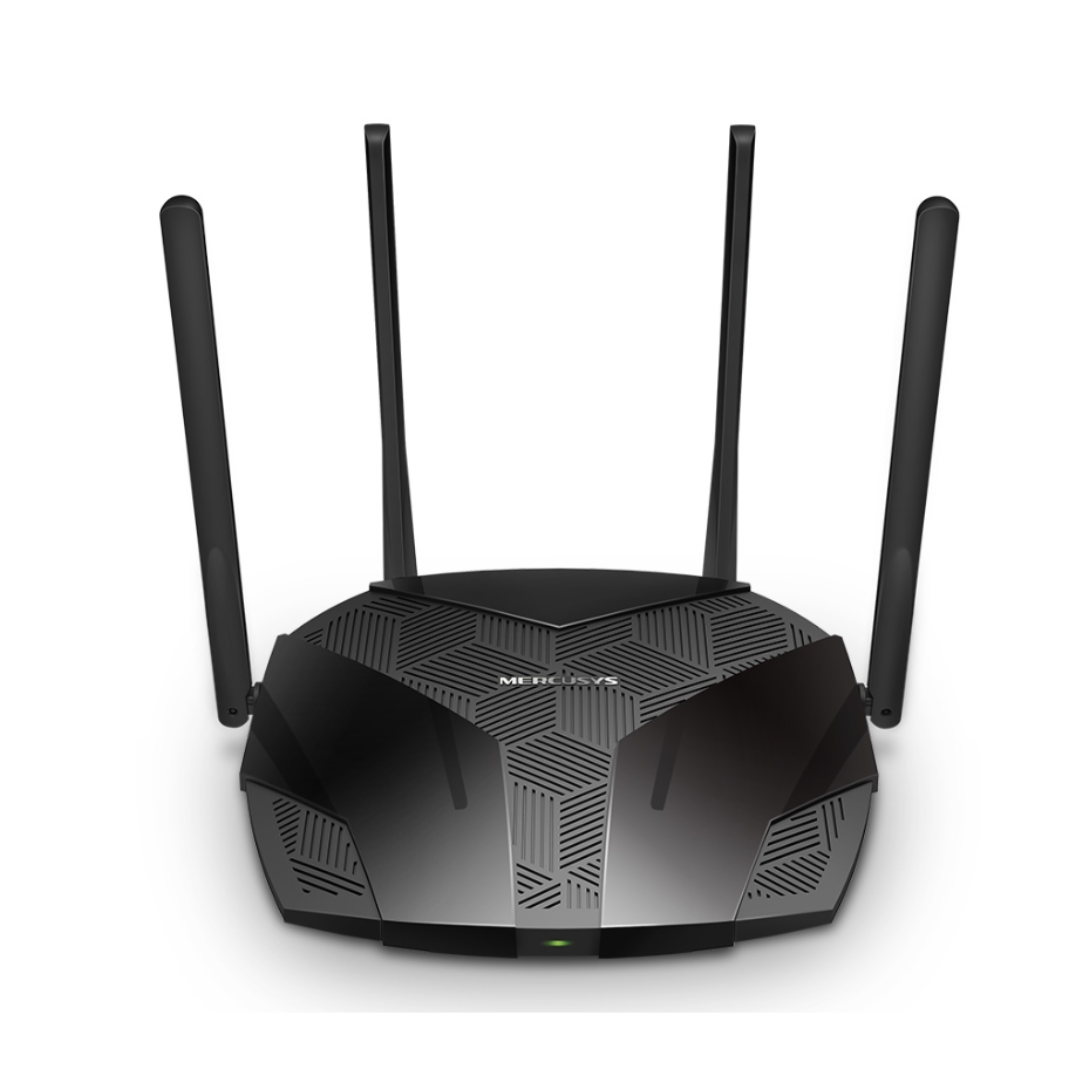 Black router with multiple antennas on a white background